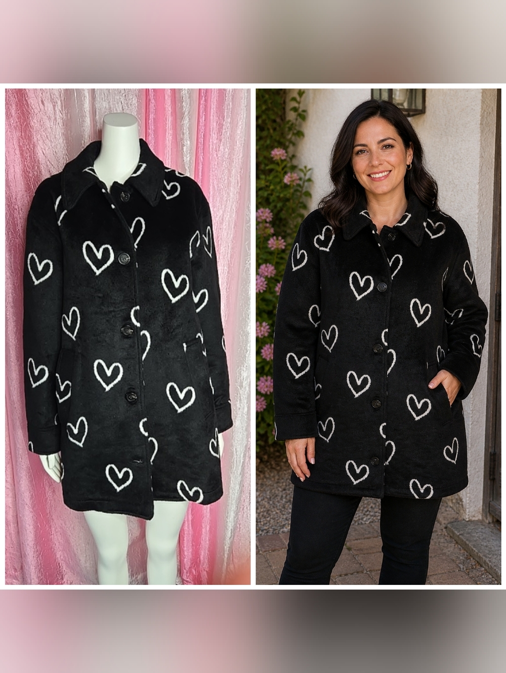 Avec Les Filles Black Retro Heart Brushed Fleece Pea Coat Size Large